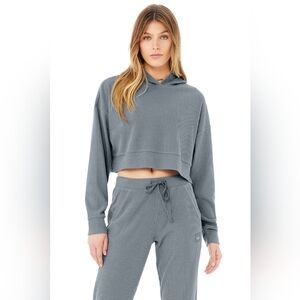 ALO Yoga Ribbed Cropped Hoodie and Joggers Set in Heather Gray